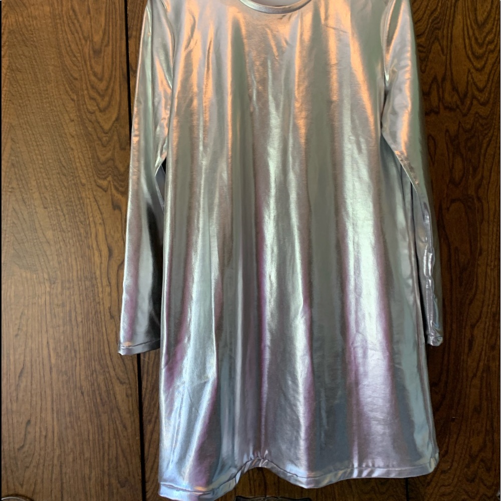 Mid thigh length silver dress.  Size S